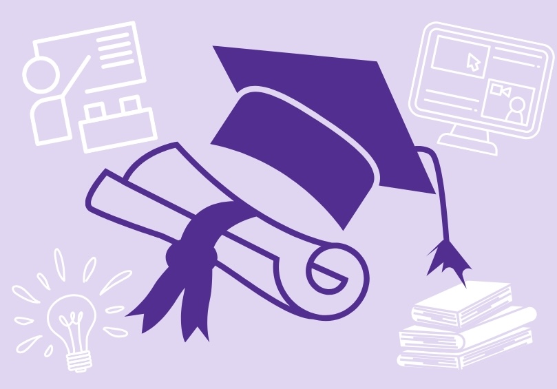 A purple graduation cap and diploma scroll icon in the center of a graphic. Surrounding icons represent education themes: a teacher at a presentation screen (top left), a light bulb symbolizing ideas (bottom left), an online learning screen (top right), and a stack of books (bottom right). The background is light purple.