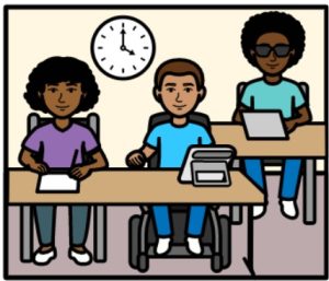 A cartoon drawing of a classroom with desks and students sitting at them.