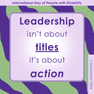 Dark purple and light green background with light purple text box. Text reads: Leadership isn't about titles, it's about action.