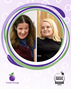 Light purple background with white hollow spots. Swirling accents around photo of Ellen and Belle, smiling at each other. PO logo and Australia Podcast Awards logo at bottom.