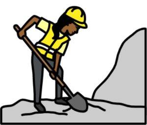 A cartoon drawing of a construction worker with a high-vis vest and a hard hat. They are holding a shovel and digging.
