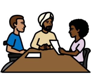 Cartoon drawing of 3 people sitting at a table, facing each other. From left to right, there is a man in a wheelchair with dark hair, a man with a turban and beard and a woman with black hair holding a piece of paper.