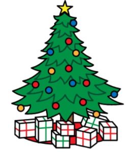 Cartoon drawing of a Christmas tree with different coloured baubles and a yellow star at the top. There are gifts at the bottom of it.