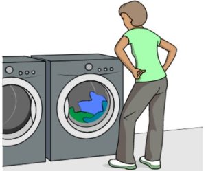 Cartoon drawing of a woman standing in front of a full clothes dryer, watching it.