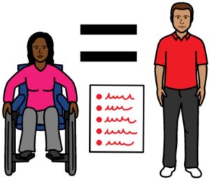 Cartoon drawing of a woman on the left with dark hair in a wheelchair and a man on the right who has short brown hair and is standing. Between them, there is an equal sign and a piece of paper with dot points and squiggles that look like writing.