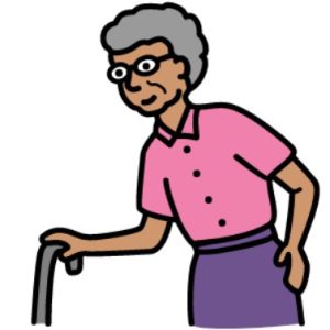 Cartoon drawing of an elderly woman with grey hair and a walking stick.