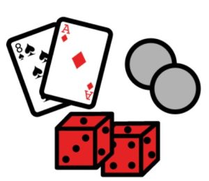 Cartoon drawing of 2 playing cards, red dice and coins.