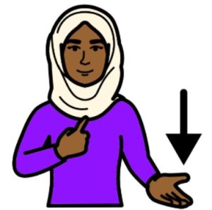 Cartoon drawing of a woman with a hijab and purple shirt. She is pointing to herself with 1 hand. She is holding out her other hand with her palm facing upward. There is an arrow pointing to the hand she is holding out.