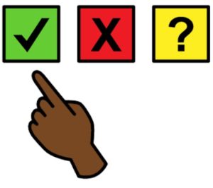 Cartoon drawing of 3 boxes with a tick, cross and question mark. A hand is pointing to the box with a tick.