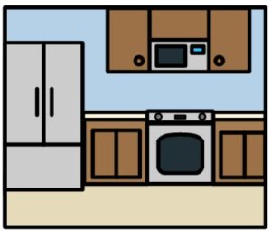 Cartoon drawing of a kitchen with a fridge and oven.