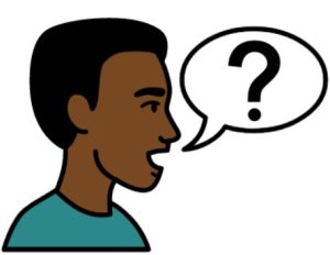 Cartoon drawing of a man with black hair. There is a speech bubble with a question mark inside it coming from his mouth.