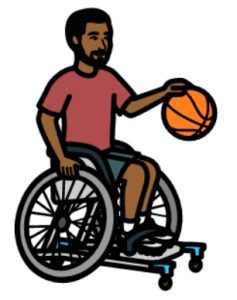 Cartoon drawing of a man in a wheelchair with short dark hair and a beard, bouncing a basketball in his left hand.
