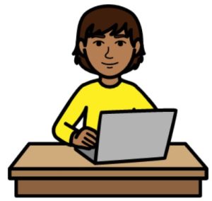 Cartoon drawing of a man with brown hair sitting at a desk with a laptop in front of him.