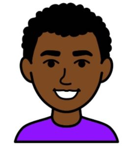 Cartoon drawing of a smiling man with black hair and a purple t-shirt.