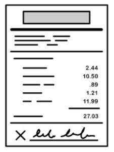 Cartoon drawing of a white receipt with dollar amounts and a signature.