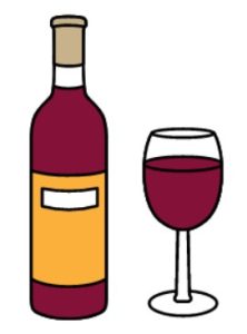 Cartoon drawing of a bottle of red wine with a filled wine glass.