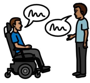 Cartoon drawing of two men talking. The man on the left is in a wheelchair and the man on the right is standing. There are speech bubbles with squiggles coming from their mouths.