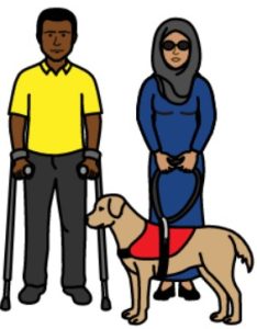 Cartoon drawing of a man on the left with crutches on both arms. There is a woman on the right with sunglasses and a guide dog.