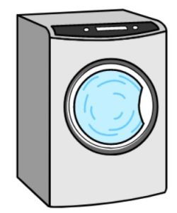 Cartoon drawing of a grey washing machine.