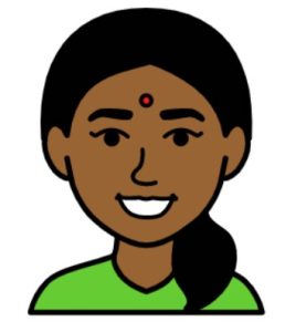 Cartoon drawing of a smiling woman in a green shirt and black hair tied in a ponytail.