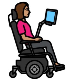 Cartoon drawing of a woman in a wheelchair with a screen mounted on it.