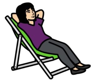 Cartoon drawing of a woman with black hair lying back on a green recliner chair.