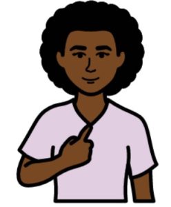 Cartoon drawing of a woman with black hair, pointing to herself.