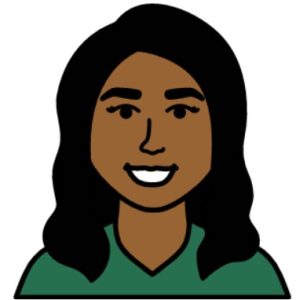 Cartoon drawing of a smiling woman with black hair and a green t-shirt.