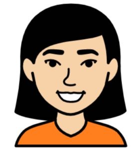Cartoon drawing of a smiling woman with black hair and an orange t-shirt.