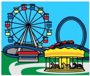 Cartoon drawing of an amusement park with a Ferris wheel and merry-go-round.