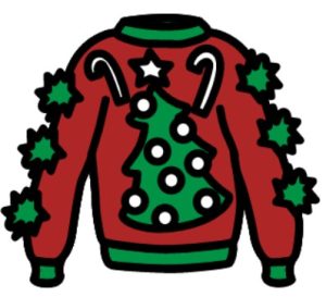 Cartoon drawing of a red sweater with a Christmas tree and candy canes on the front and green pom poms on the sleeves.