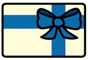 Cartoon drawing of a yellow gift card with a blue bow.