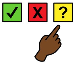 Cartoon drawing of 3 boxes with a tick, cross and question mark. A hand is pointing to the box with a question mark in it.