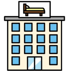 Cartoon drawing of a hotel with lots of blue windows and a sign at the top that has a picture of a bed on it.