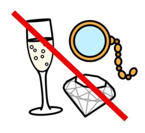 Cartoon drawing of a filled champagne glass, a beaded magnifying glass and a diamond with a red line through the entire image.