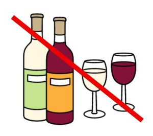 Cartoon drawing of bottles and glasses of alcohol with a red cross through it.