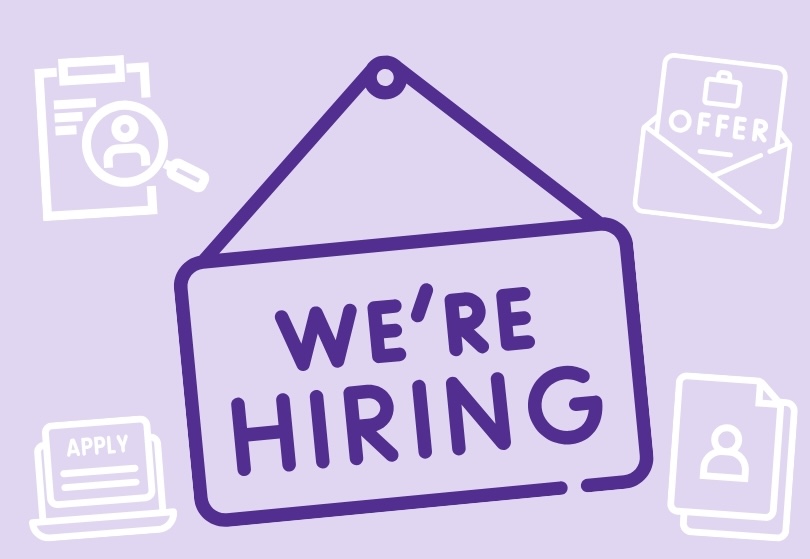 Light purple graphic with a dark purple 'We're hiring' sign and white icons representing things like job offer, job ads, and applying online.