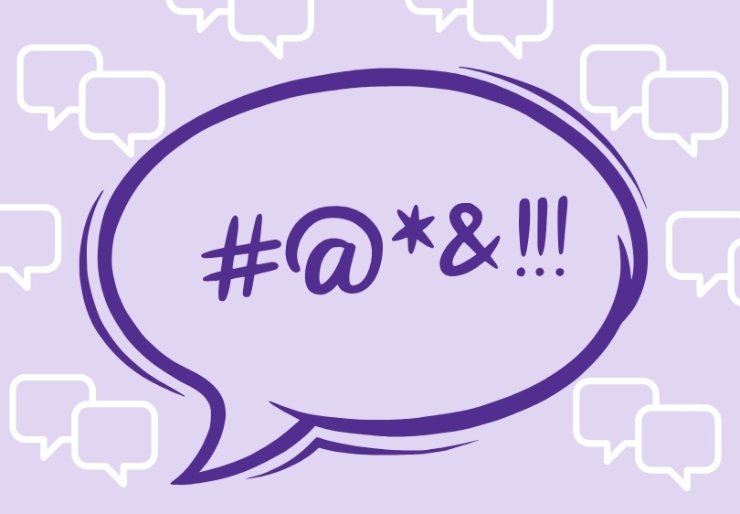 Light purple graphic with small white speech bubble icons and a large one with symbols inside followed by 3 exclamation marks.