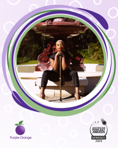 Graphic with circular lines in green, purple, and white. Photo of Khadija, sitting, centre of screen with a fountain behind and her cane in front. Australian Podcast Awards (2024 nominee) and Purple Orange logos at bottom.