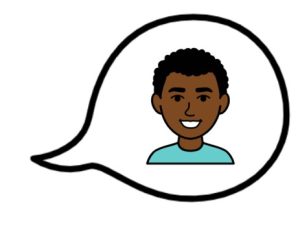 Cartoon drawing of a speech bubble with a picture of a man inside of it.