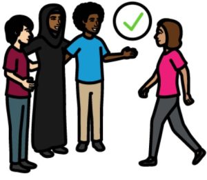 Cartoon drawing of 3 people standing next to each other. A woman is walking toward them with a green tick next to her. Everyone is smiling and looks happy.