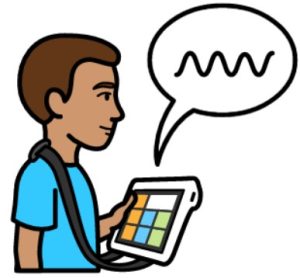 Cartoon drawing of a man with brown hair and a blue t-shirt using a communication device.