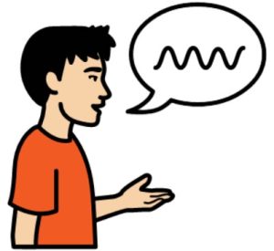 Cartoon drawing of a man with black hair. He has a speech bubble coming from his mouth with a black squiggle in it.