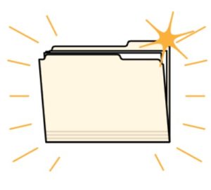 Cartoon drawing of a cream-coloured folder with papers inside. It has a yellow star next to it.