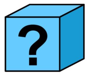 Cartoon drawing of a blue cube with a black question mark on the front.