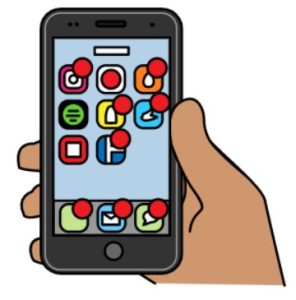 Cartoon drawing of a hand holding a smartphone. There are different icons on it.