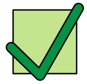 Cartoon drawing of a light green box with a dark green tick overlapping it.