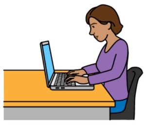 A cartoon drawing of a woman with brown hair sitting at a table with a laptop on it.
