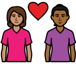 Cartoon drawing of 2 women standing next to each other with a red heart in between them.