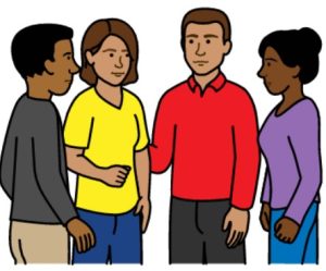 Cartoon drawing of 4 people gathered. There are 2 men and 2 women. They all look happy and friendly.